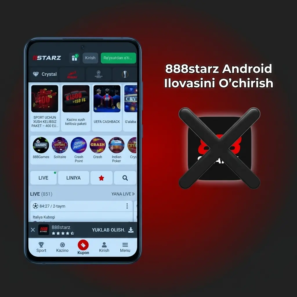 888starz Android ilovasini o'chirish: belgi ustida uzoq bosib "Uninstall" tanlang yoki Sozlamalar orqali amalga oshiring.