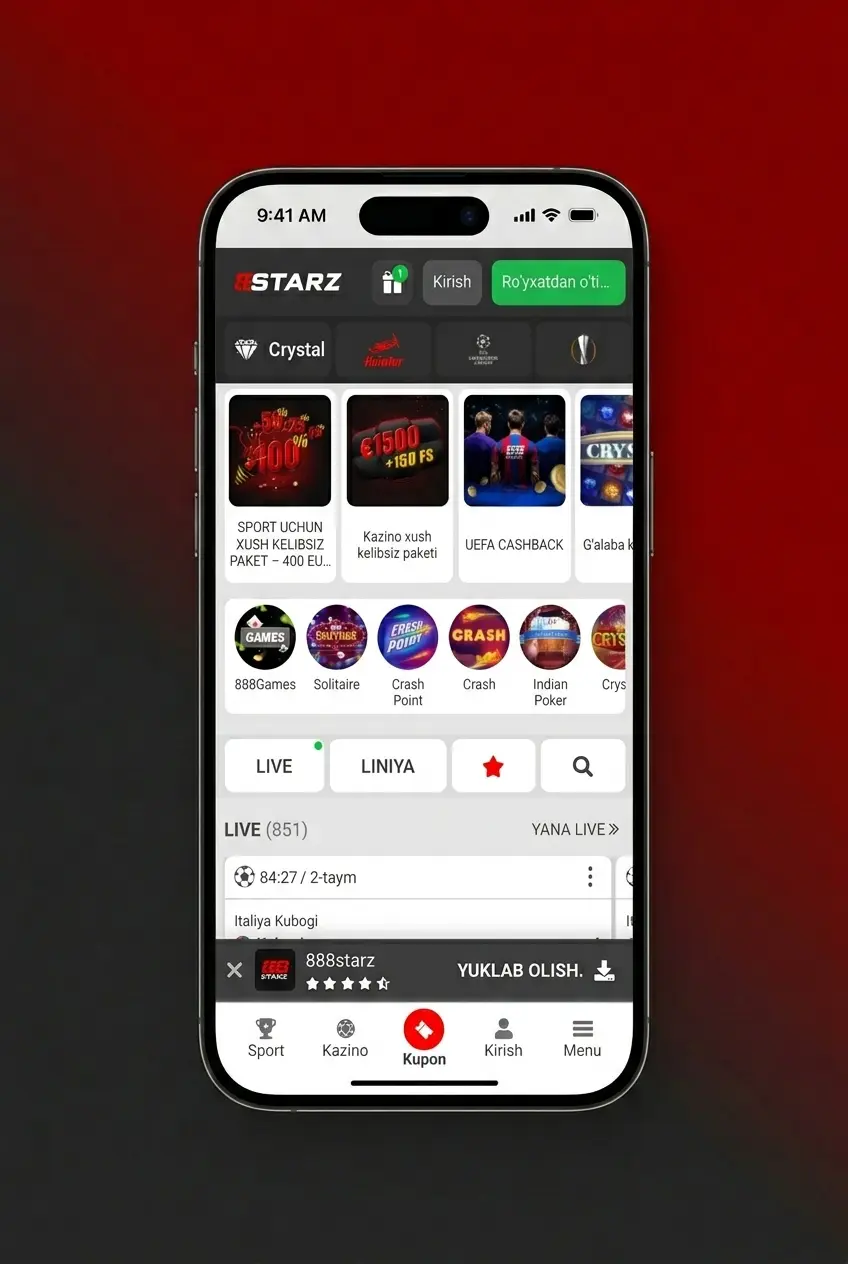 888starz ilovasida basketbol stavkalari, jonli koeffitsientlar va statistika Android va iOS uchun