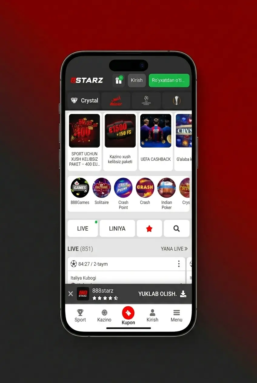 888starz ilovasida basketbol stavkalari, jonli koeffitsientlar va statistika Android va iOS qurilmalarda