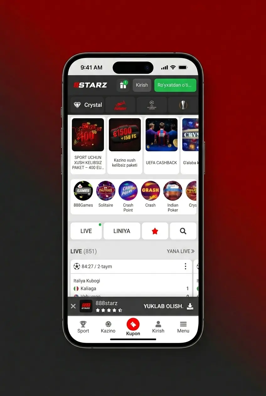 888starz ilovasida basketbol stavkalari, jonli koeffitsientlar va statistika Android va iOS qurilmalarda
