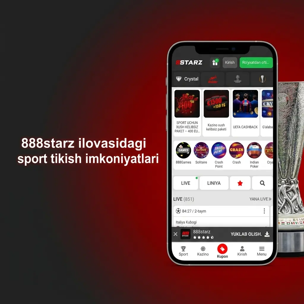 888starz ilovasida futbol, tennis, basketbol va kibersport bo'yicha sport tikish imkoniyatlari