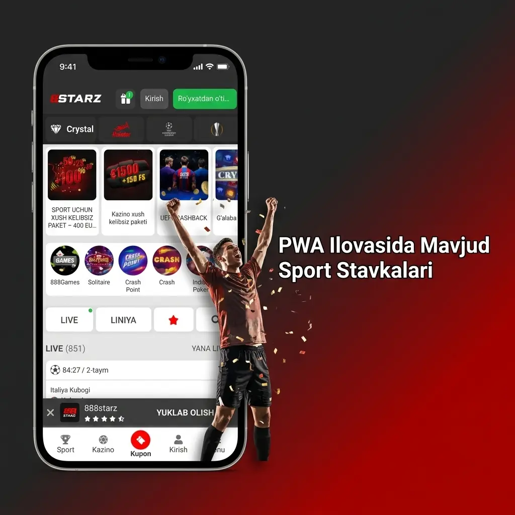 888starz PWA ilovasida futbol, tennis, basketbol va 40+ sport turi bo'yicha stavkalar