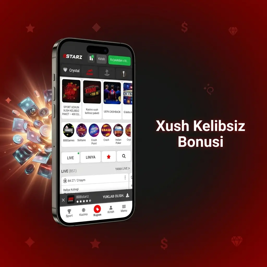Xush kelibsiz bonusi: 200% gacha 27 000 000 UZS, 30x wager talabi, 30 kun amal qiladi