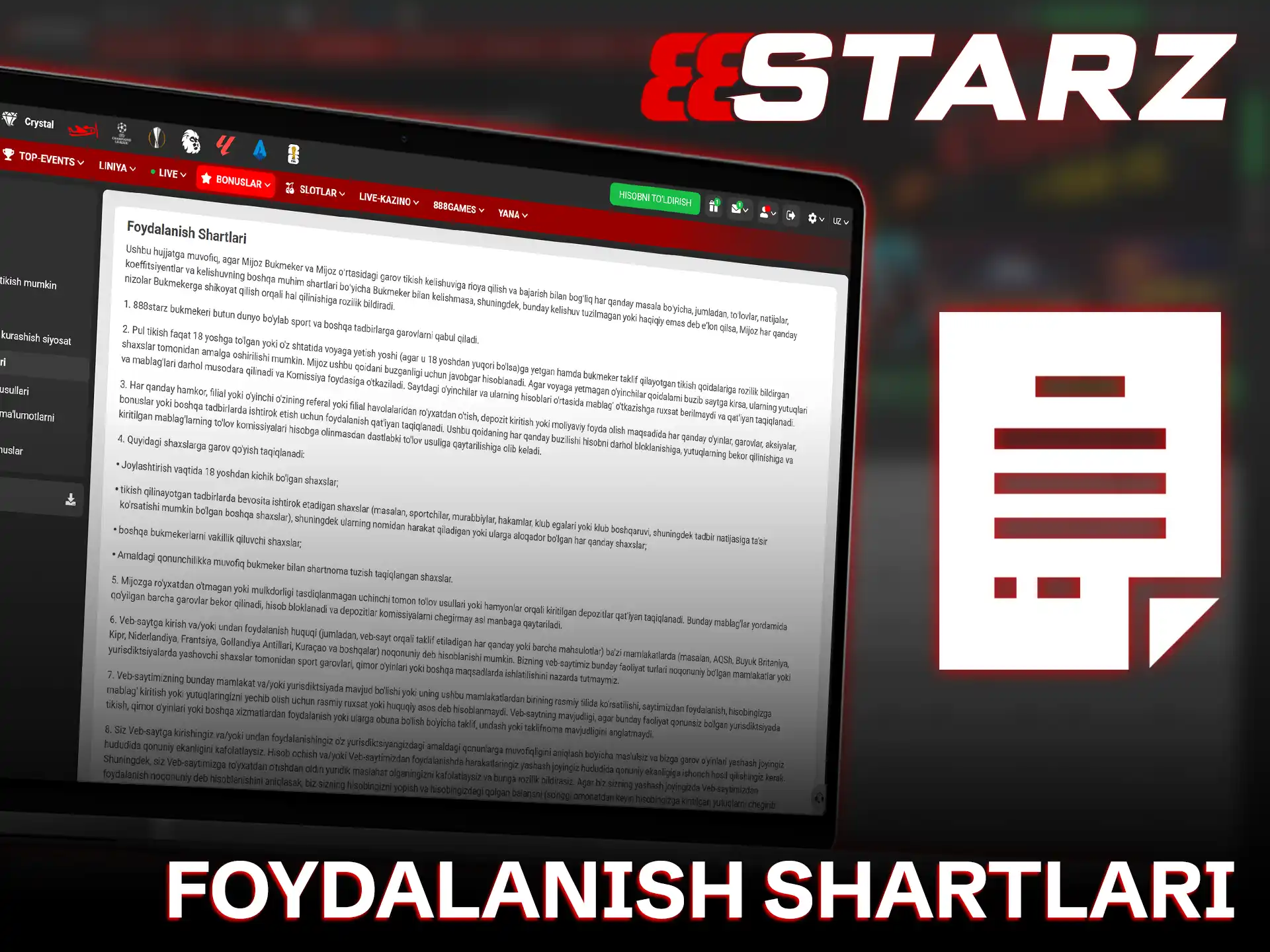 Sportga stavka qilishdan oldin 888starz foydalanish shartlarini diqqat bilan o'qing.