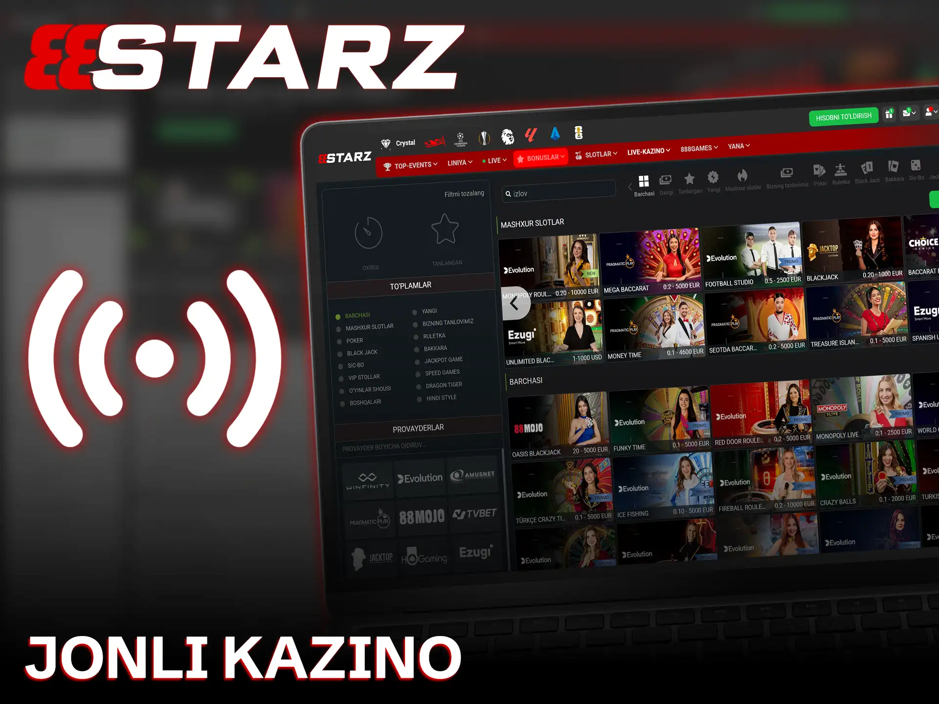 Haqiqiy dilerlar bilan o'ynash uchun 888starz jonli kazino bo'limiga kiring.