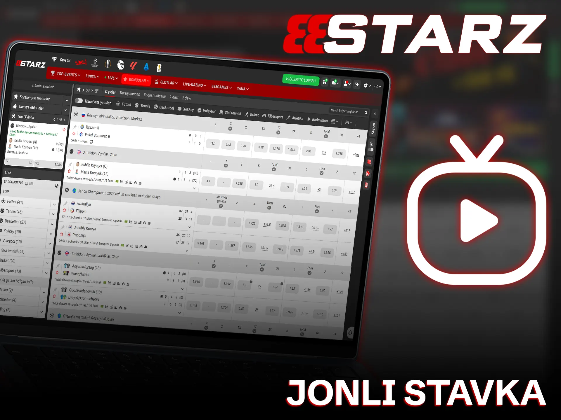 Haqiqiy vaqt rejimida g'alaba qozonish uchun 888starz jonli stavkalarini sinang.