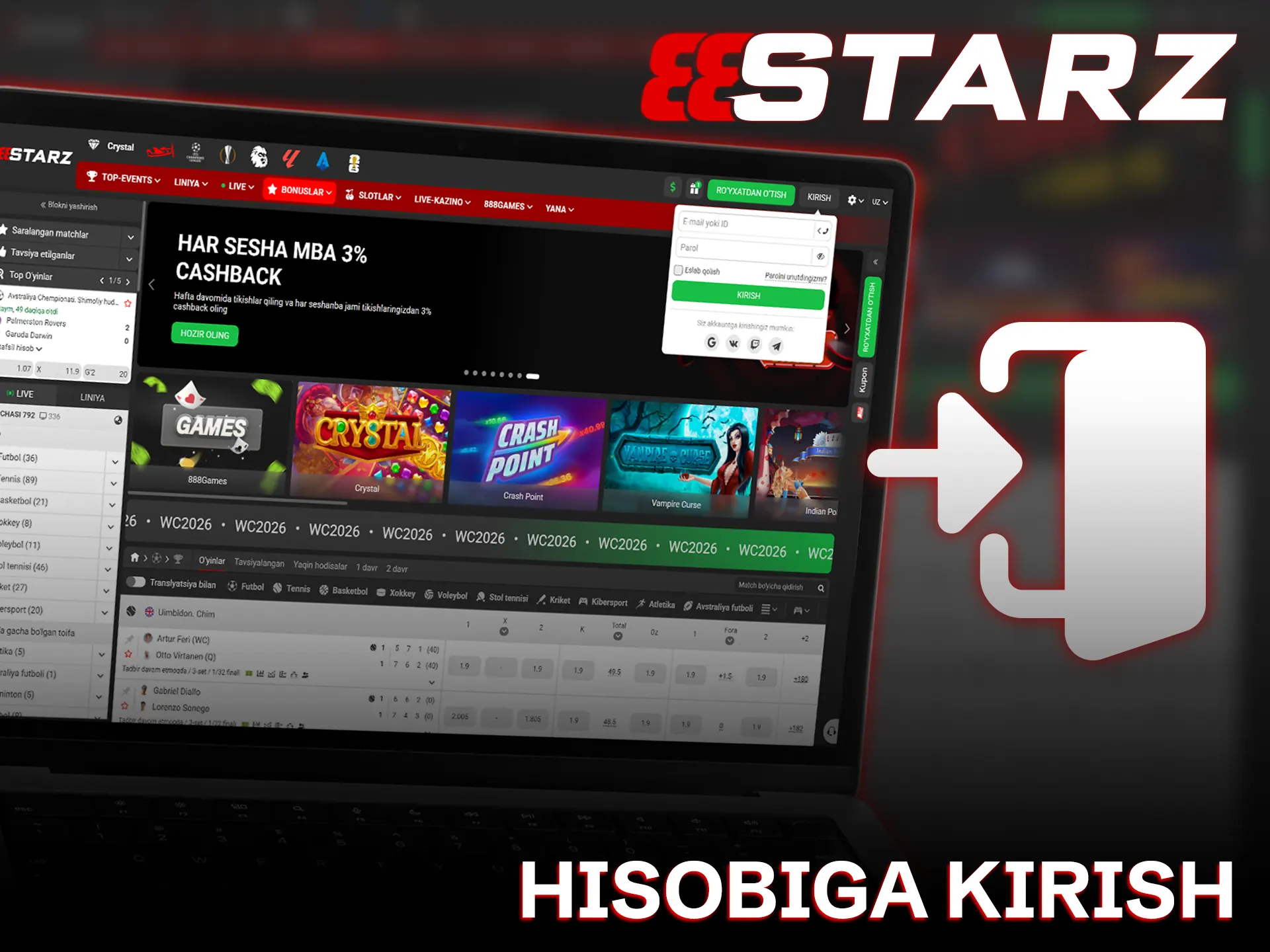 O'z 888starz hisobingizga kiring va qiziqarli kazino o'yinlarini sinab ko'ring.