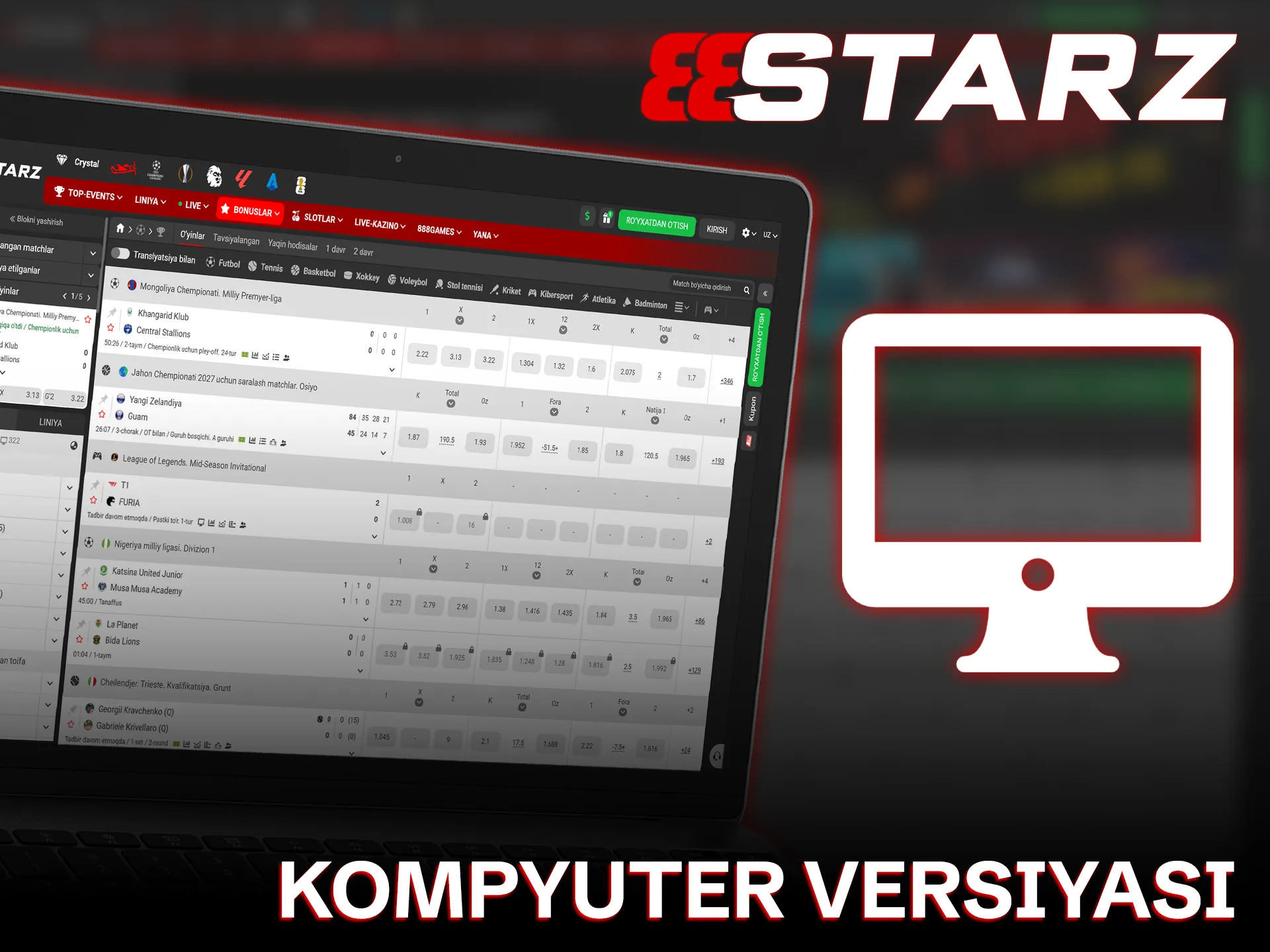 Katta ekranda 888starz o'yinlarini o'ynash uchun kompyuter versiyasini yuklang.