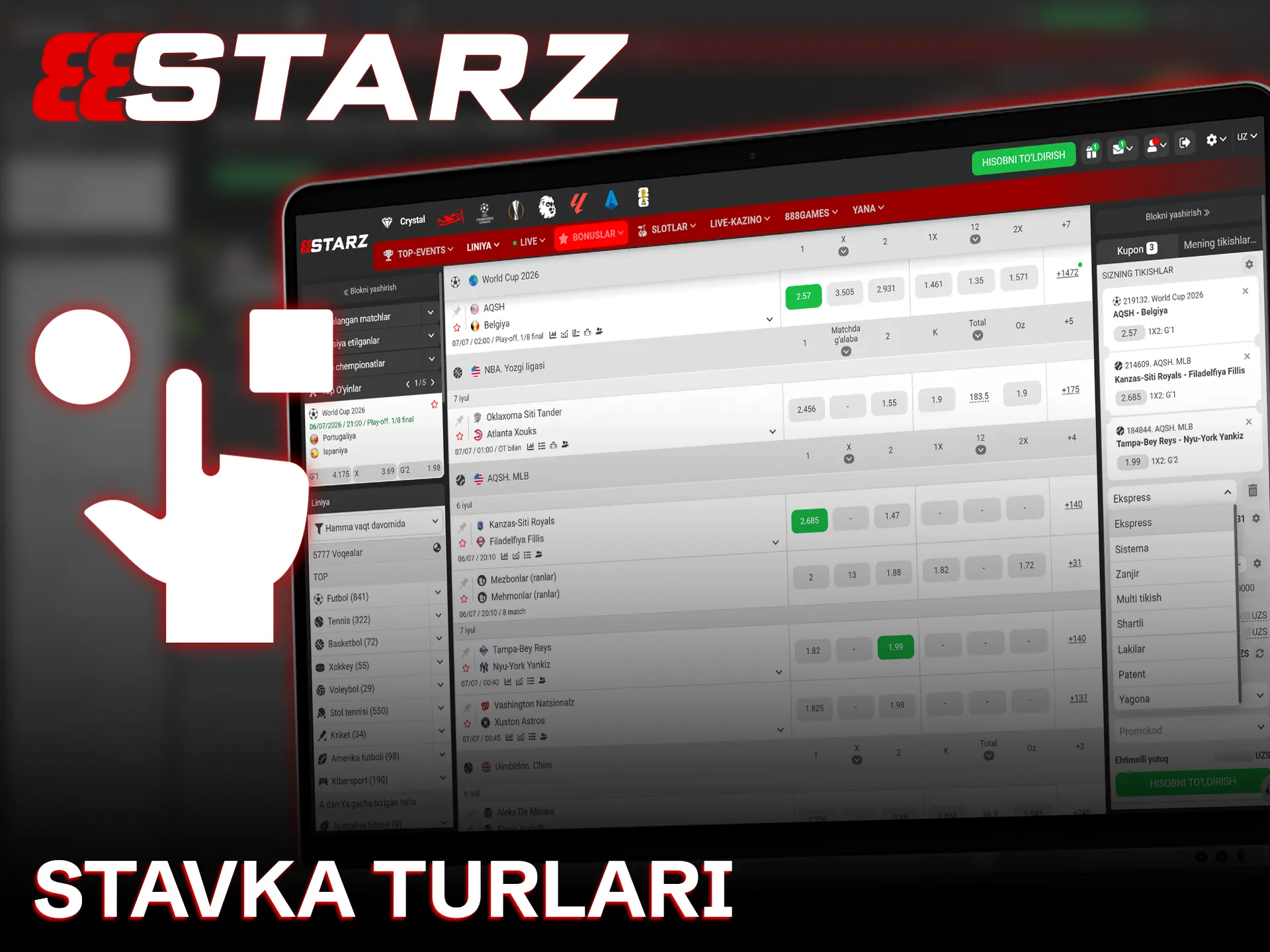 888starz saytidagi turli xil sport stavkalari turlari bilan tanishib chiqing.