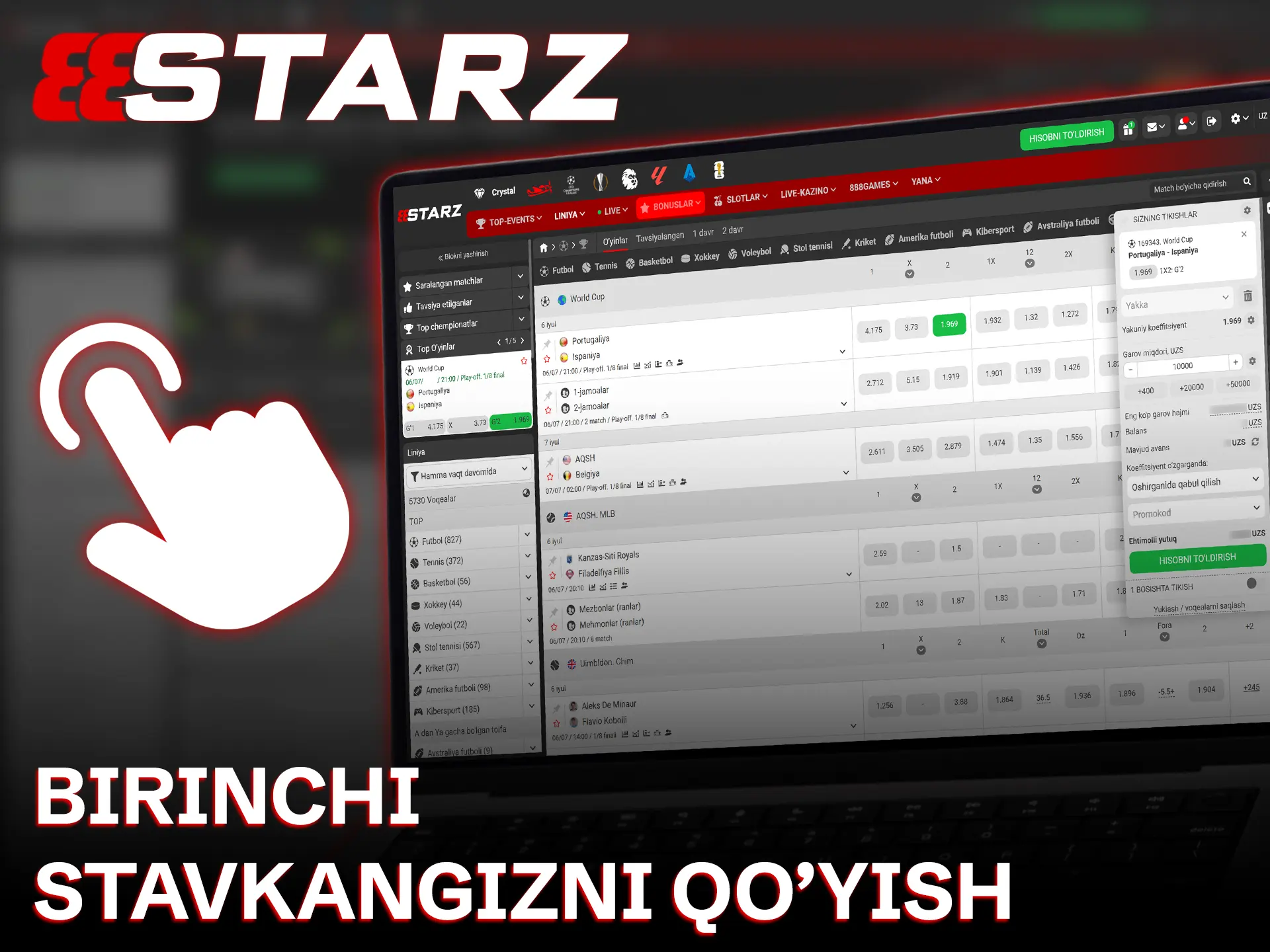 888starz platformasida o'zingizning birinchi sport stavkangizni hoziroq amalga oshiring.
