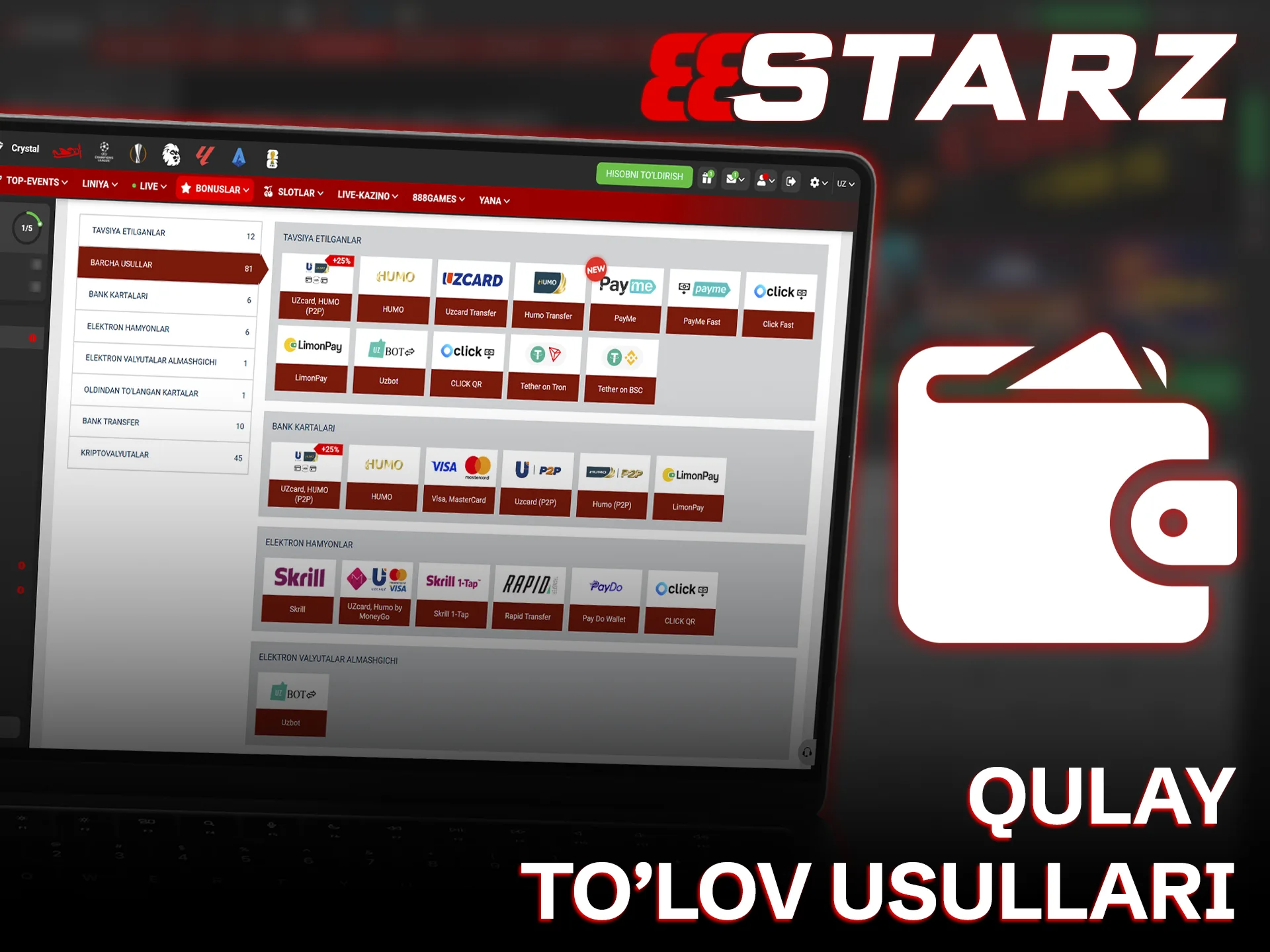 888starz sport stavkalari uchun o'zingizga qulay usulda to'lovni amalga oshiring.