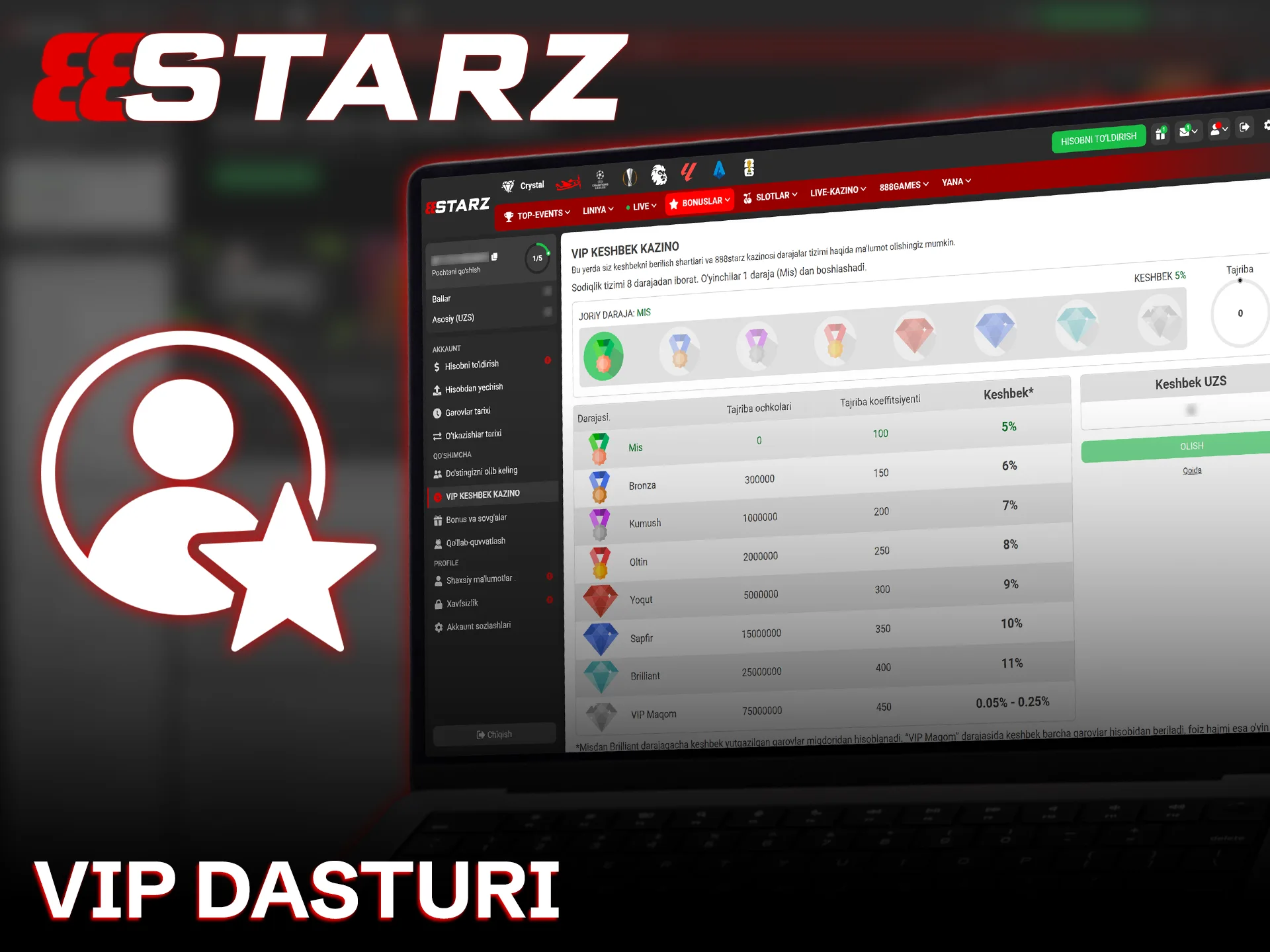 Qimmatbaho kazino sovg'alarini olish uchun 888starz vip dasturiga a'zo bo'ling.