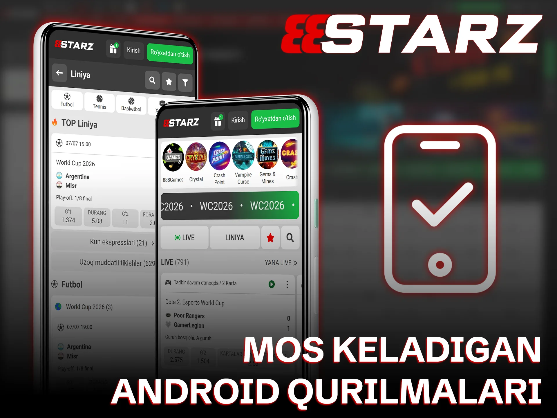 Telefoningiz 888starz Android ilovasi bilan mos kelishini tekshirib, tezda ro'yxatdan o'ting.