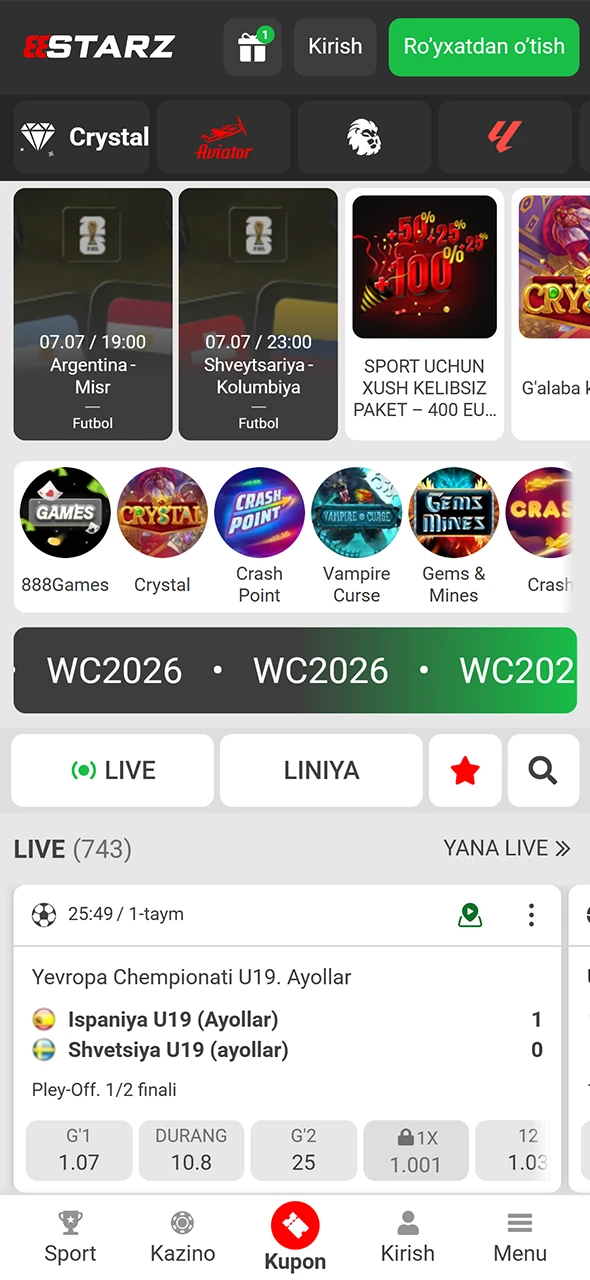 888starz ilovasining bosh sahifasiga o'ting va garov qo'ying.