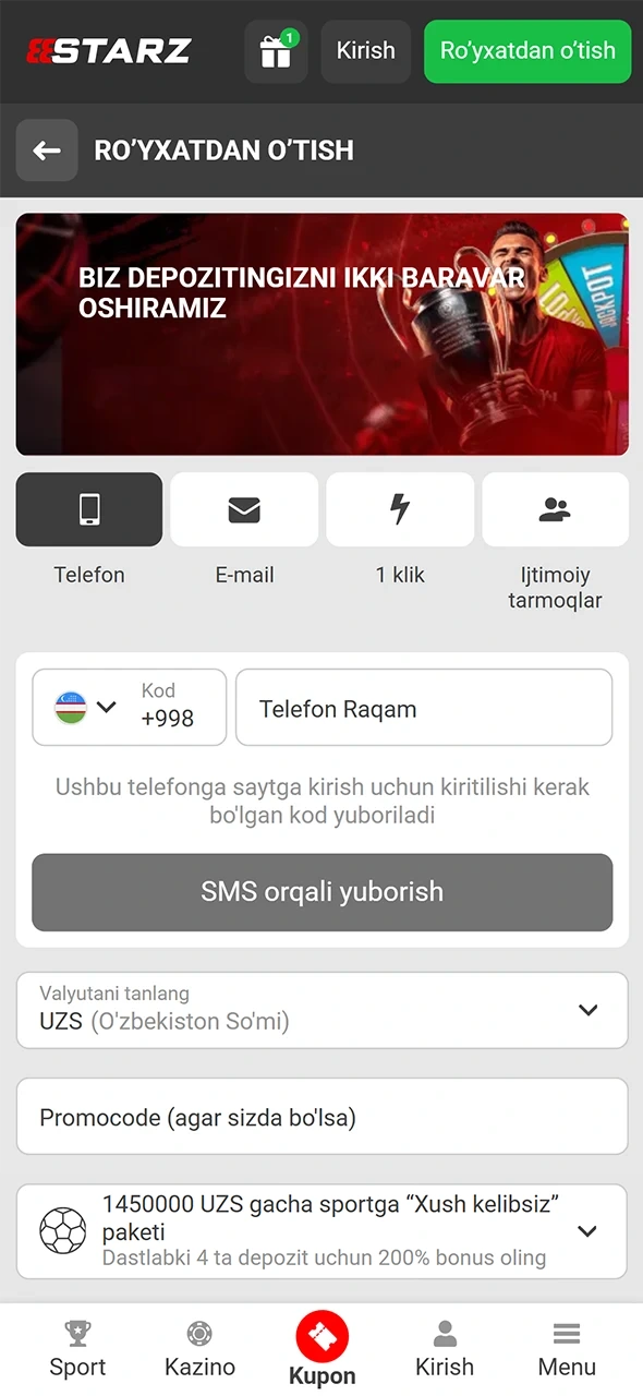 888starz ilovasida tezda ro'yxatdan o'ting.