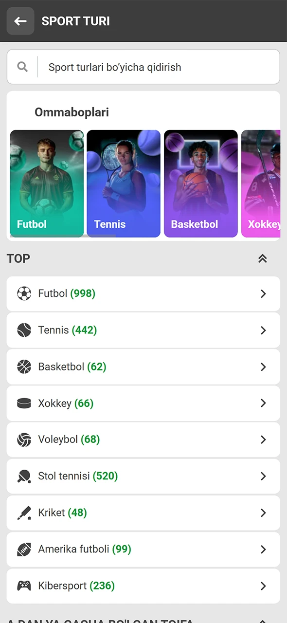 Sport bo'limiga o'ting va 888starz ilovasida yutishni boshlang.