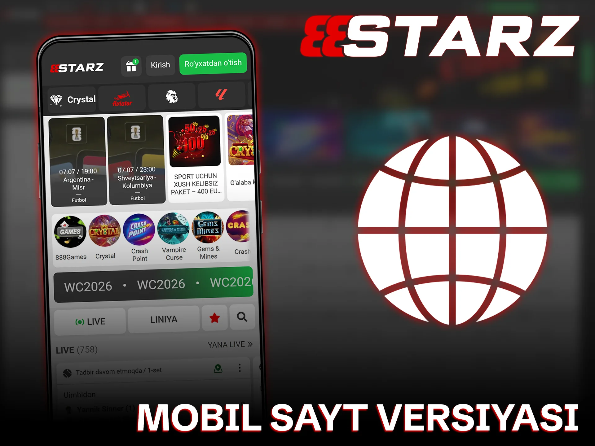 Saytning mobil versiyasi yoki 888starz ilovasi orqali daromadli stavkalar qiling.