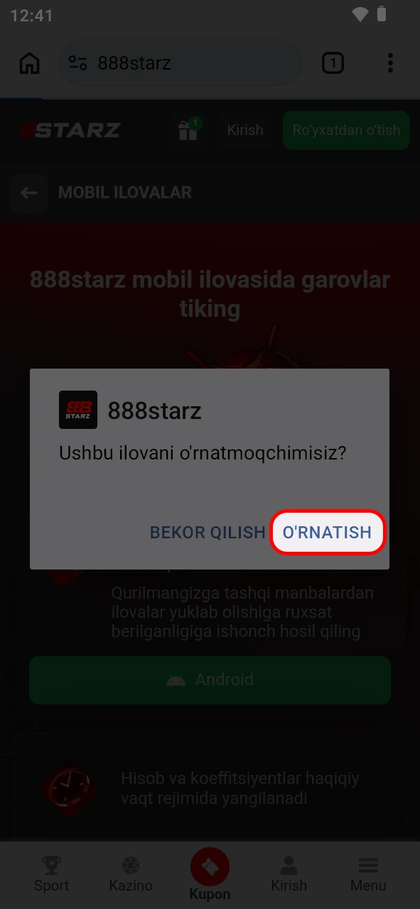 888starz ilovasida yangilashni muvaffaqiyatli o'rnating va darhol tizimga kiring.