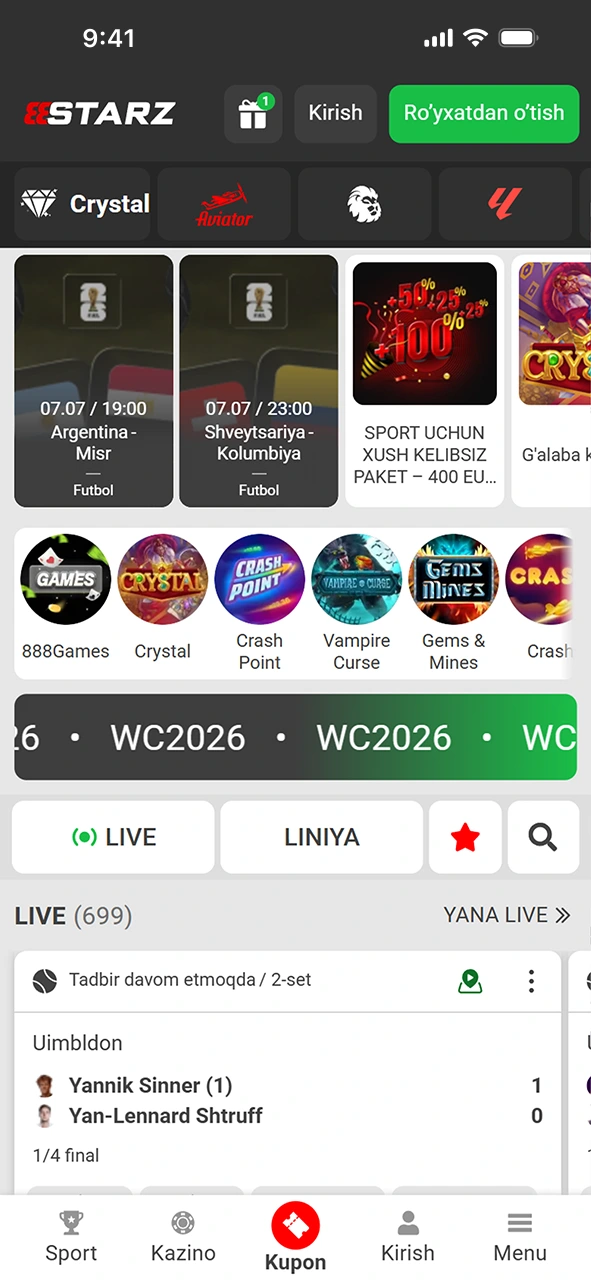 Yangilash yakunlangach 888starz ilovasini ochib yana pul ishlashni boshlang.