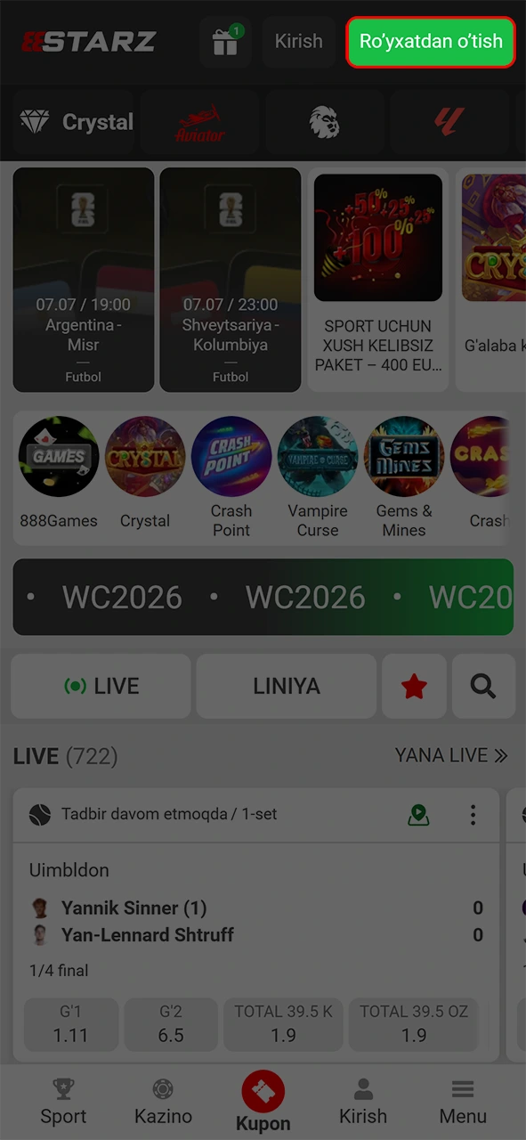888starz ilovasini ochib tezkor ro'yxatdan o'tish bo'limiga kiring.