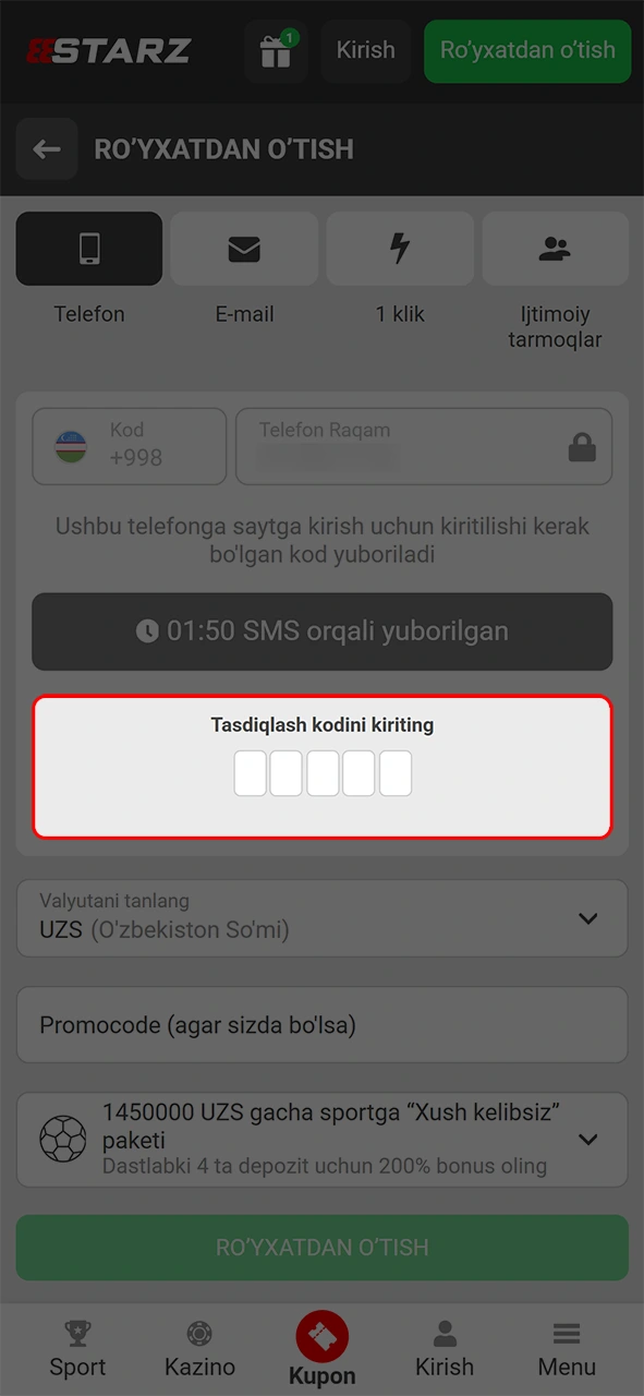 Ro'yxatdan o'tishni yakunlash uchun 888starz ilovasida o'z profilingizni tasdiqlang.