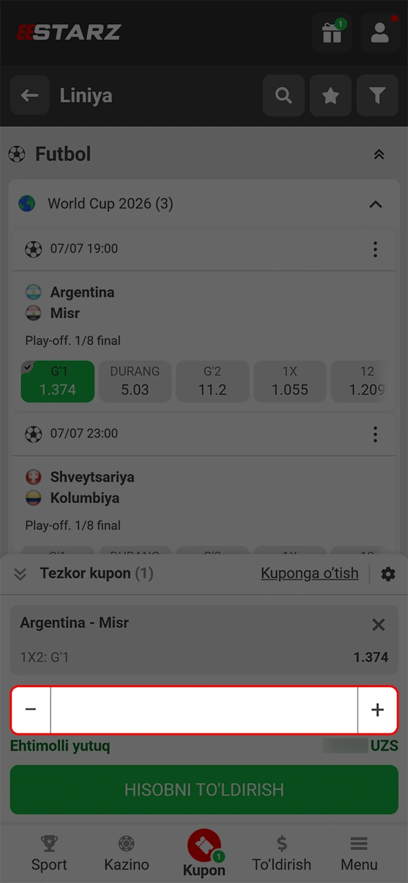 888starz ilovasida o'zingiz xohlagan stavka summasini kiriting va tasdiqlang.