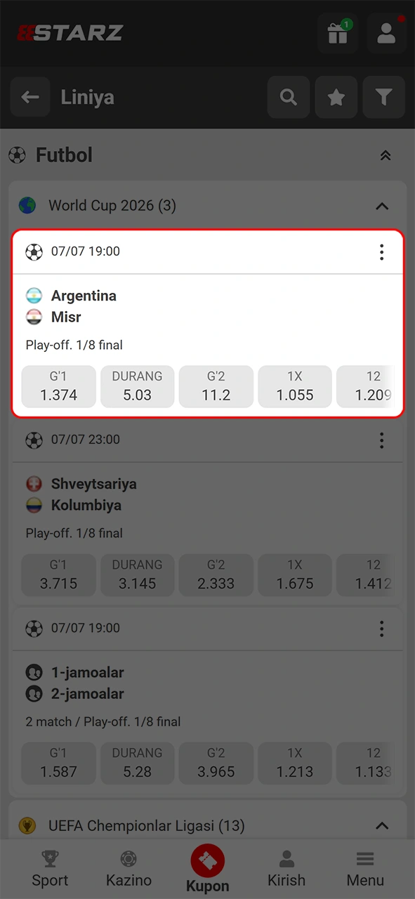 O'yinni topib 888starz ilovasidagi eng yaxshi bozorga stavka tiking.