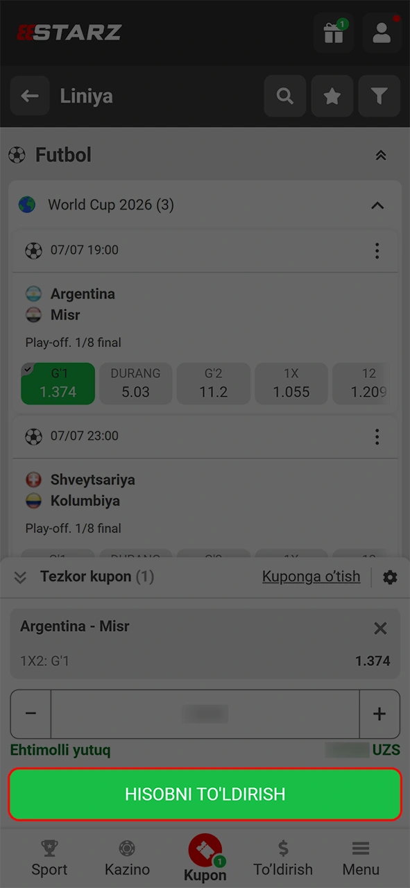 Yutish uchun 888starz ilovasida qo'ygan stavka chiptangizni tasdiqlang.