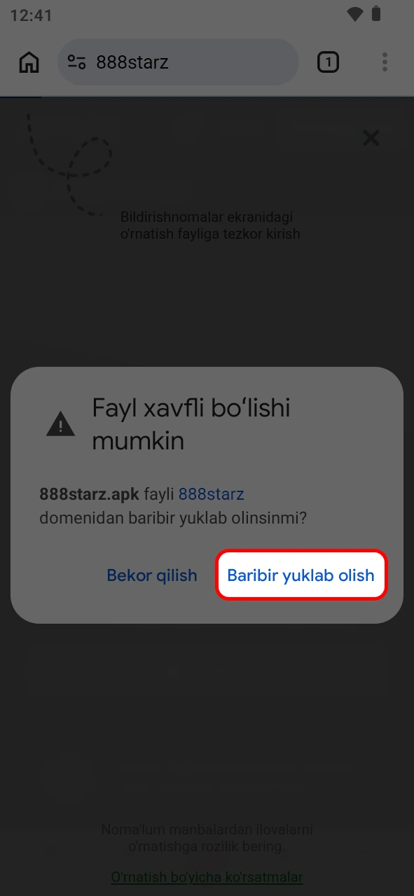 Android ekranda 888starz ilovasi yuklanishini tasdiqlab o'rnatishga o'ting.