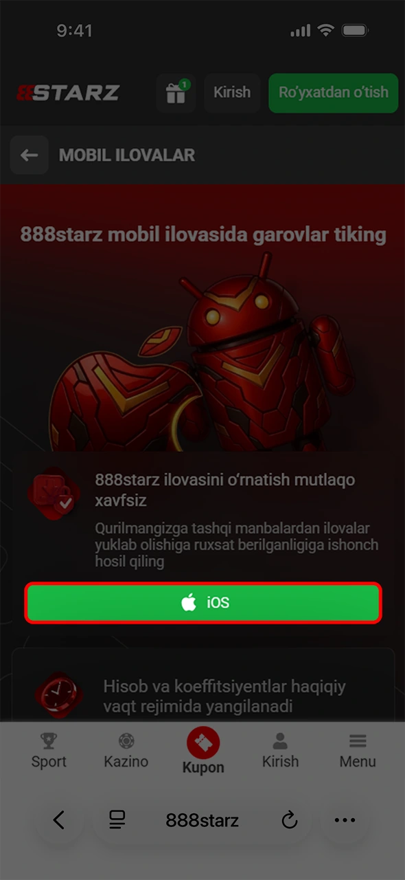 888starz ilovasini iOS tizimiga yuklash uchun rasmiy havolani oching.