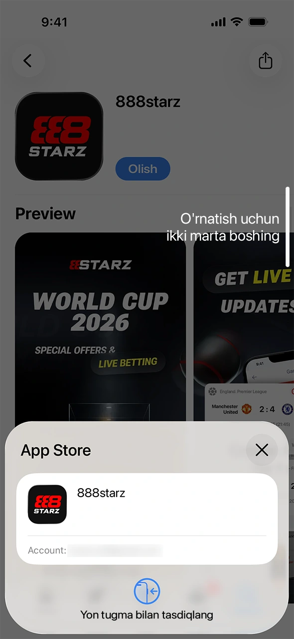 iOS profilingiz orqali 888starz ilovasi o'rnatilishini tasdiqlab yuboring.