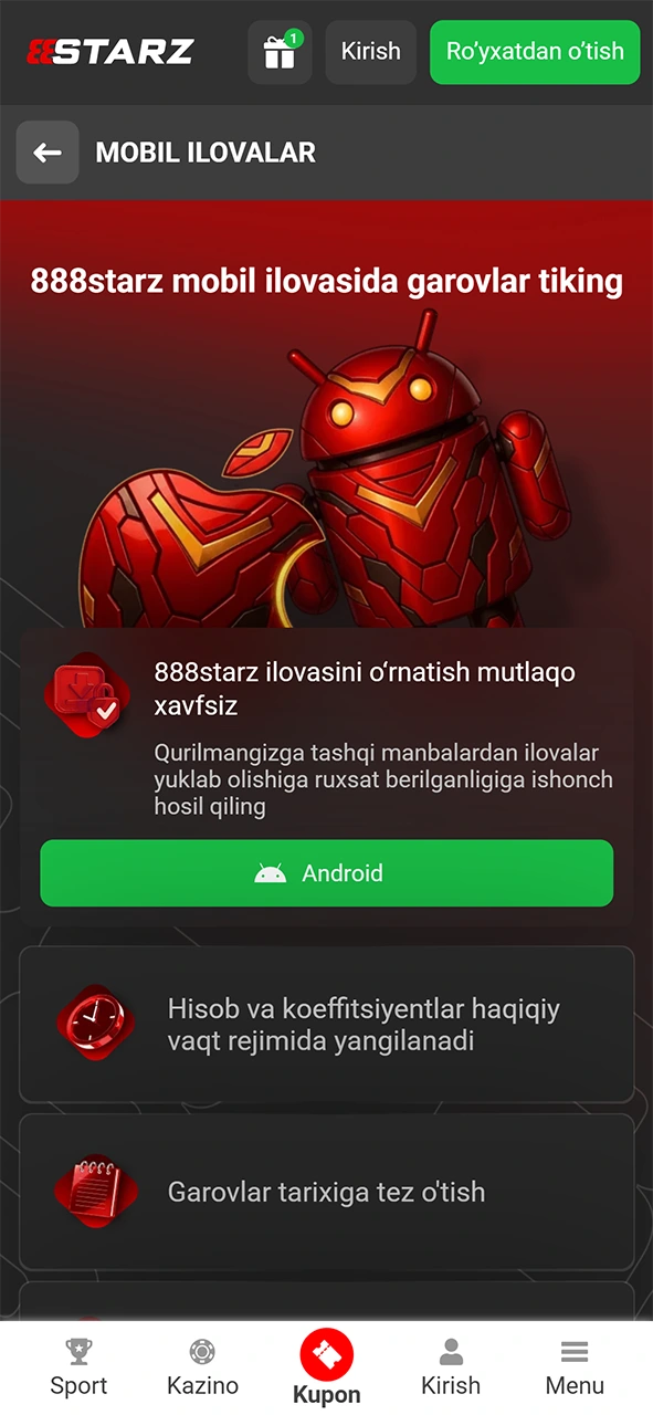 Dasturni yuklab oling va ilova orqali 888starz saytida ro'yxatdan o'ting.