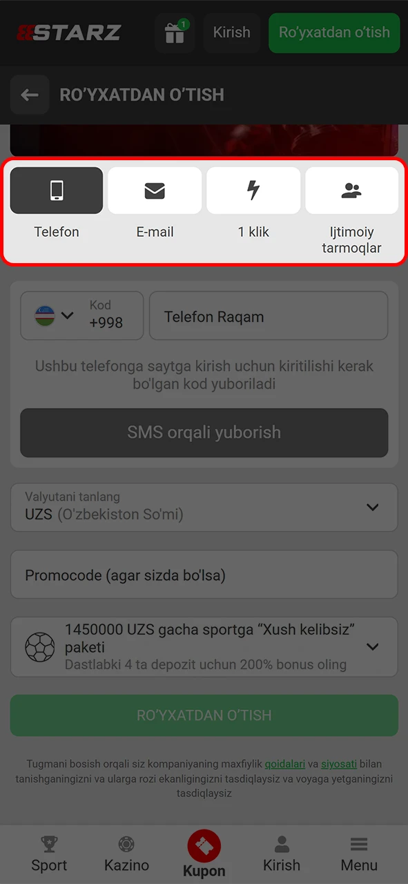 O'zingizga mos usulni belgilab 888starz ilovasidan ro'yxatdan o'tish amalini bajaring.