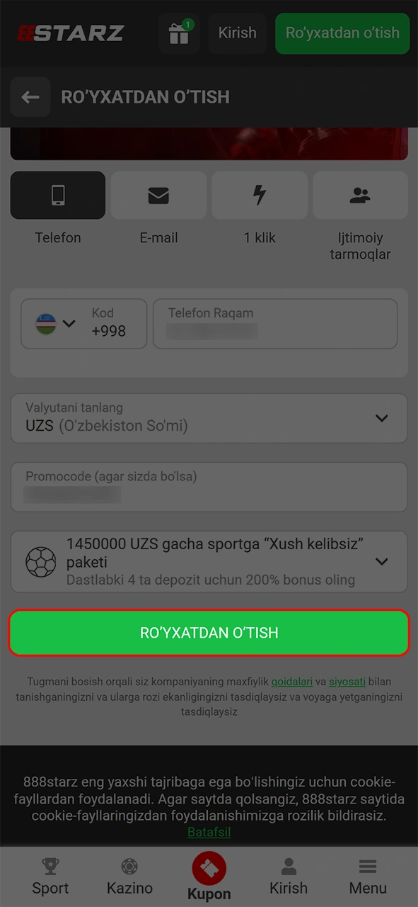 Shaxsingizni tasdiqlab 888starz ilovasi orqali ro'yxatdan o'tish profilidan foydalanishni boshlang.