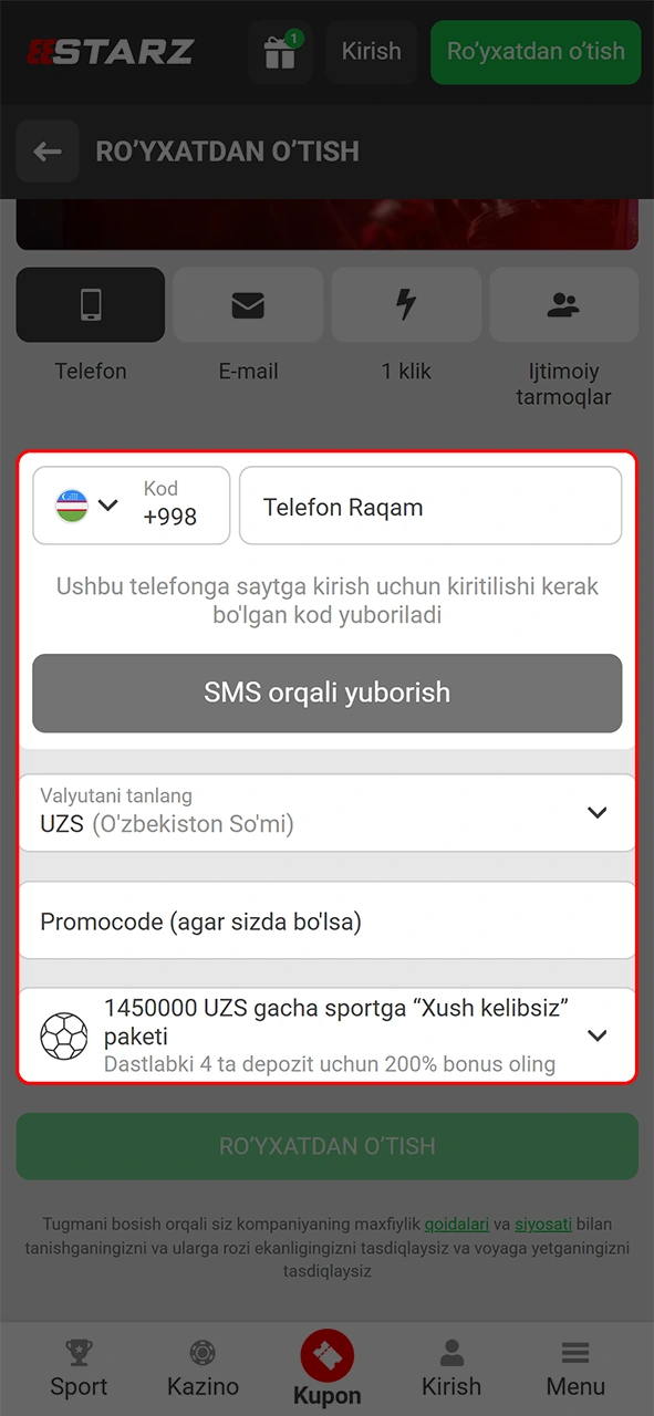 Barcha maydonlarni to'ldirib 888starz ilovasida tezkor ro'yxatdan o'tish qismini tugating.