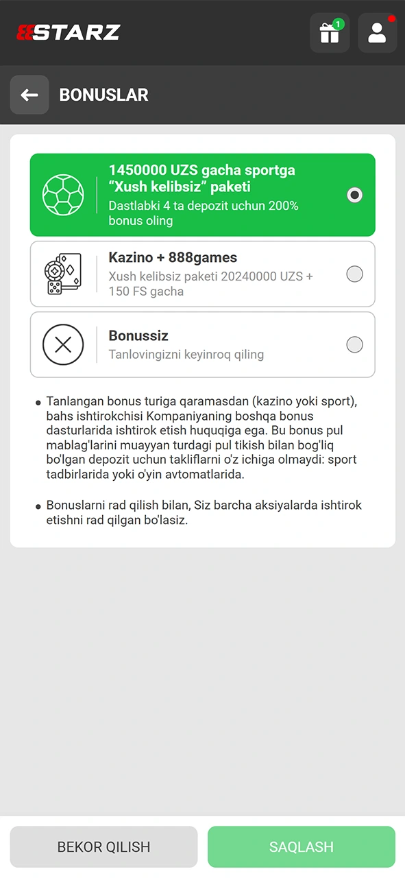 Kerakli bonus turini belgilab 888starz ro'yxatdan o'tish jarayonidan mukofotni oling.