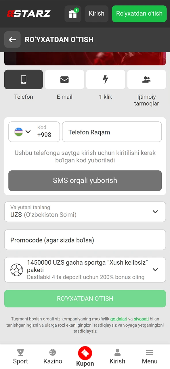 Ajoyib bonus olish uchun 888starz platformasida ro'yxatdan o'tish bosqichidan o'ting.