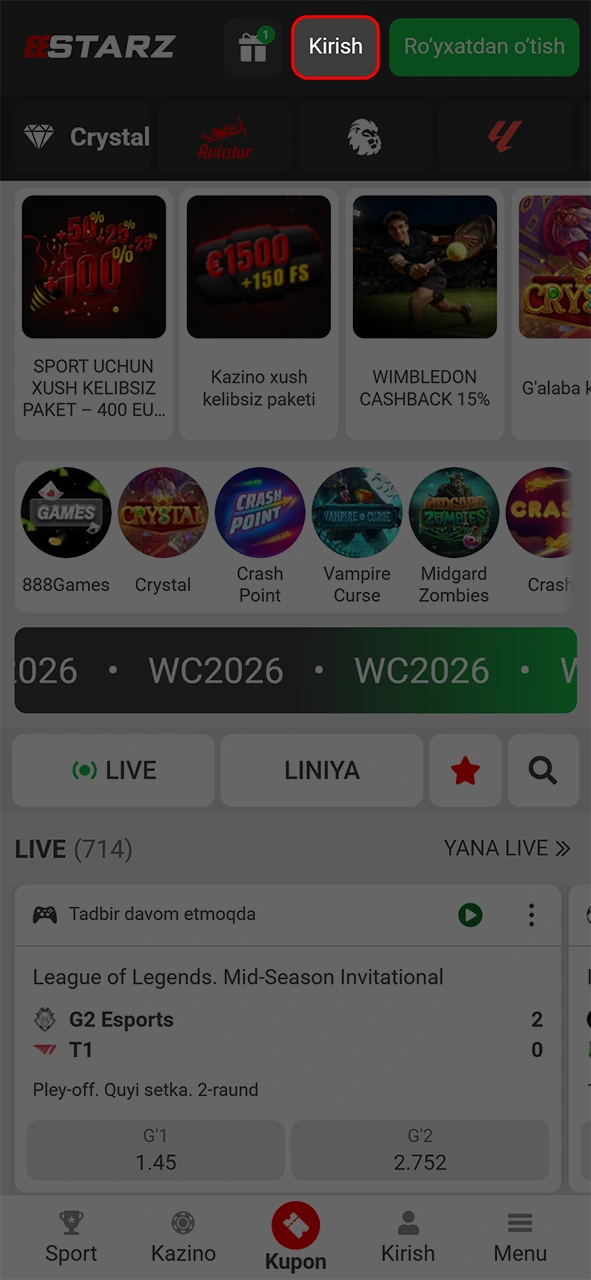 Maxsus tugmani bosib 888starz ro'yxatdan o'tish hisobingizga kirishni hoziroq boshlang.