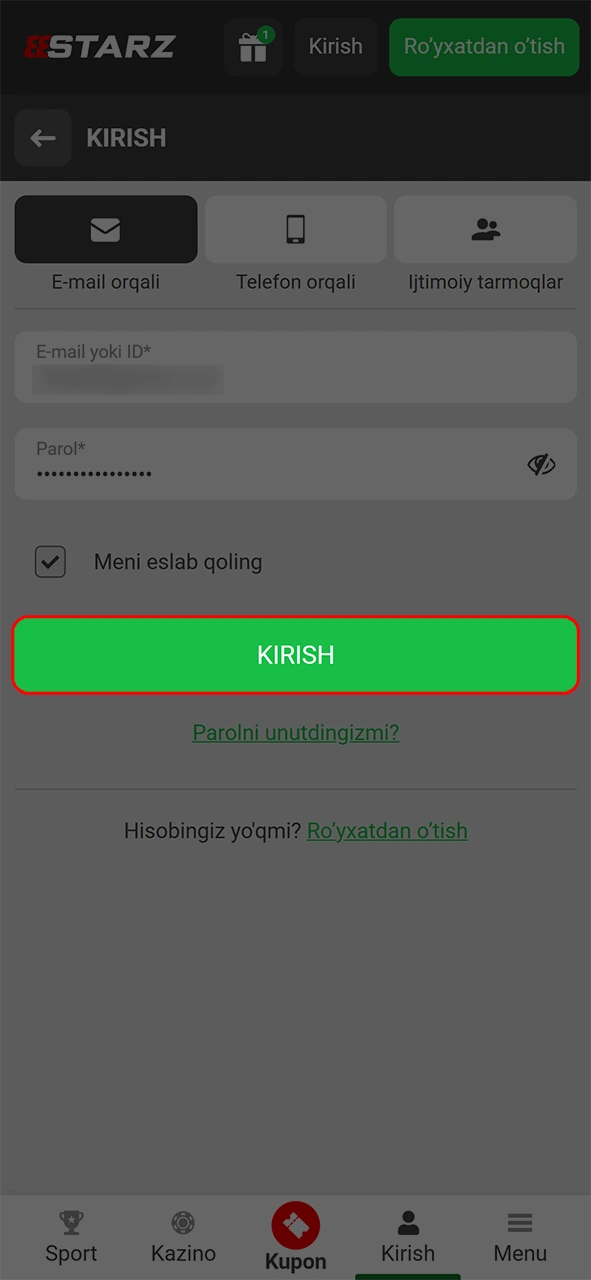 O'yinlarni boshlash uchun 888starz ro'yxatdan o'tish sahifasidan profilga darhol kiring.