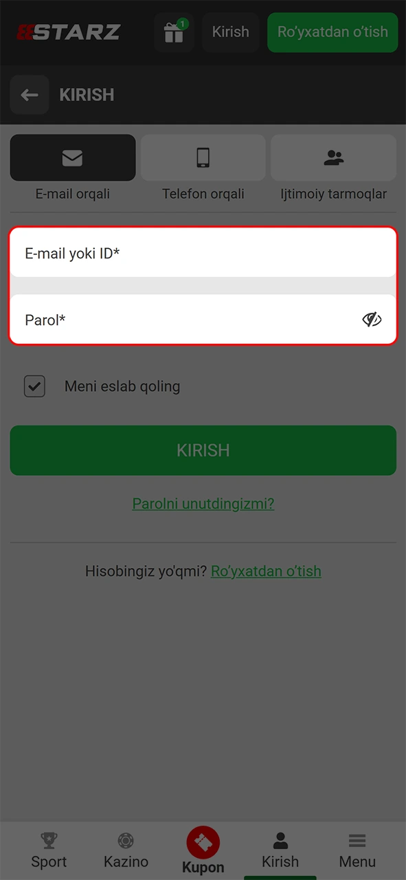 Login va parolni yozing va 888starz ro'yxatdan o'tish profiliga kiring.