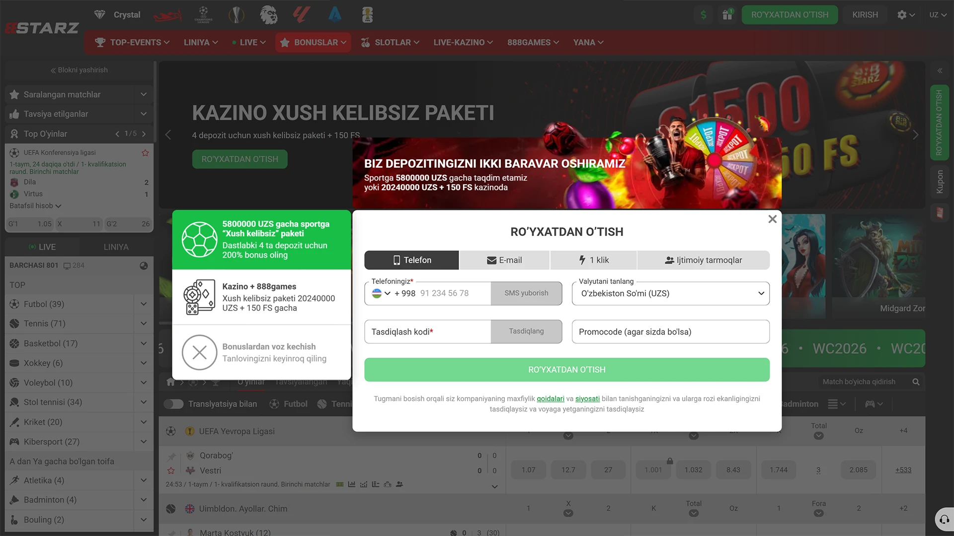 Qulay usulni tanlab 888starz ko'rsatmasi yordamida ro'yxatdan o'tish jarayonini boshlang.